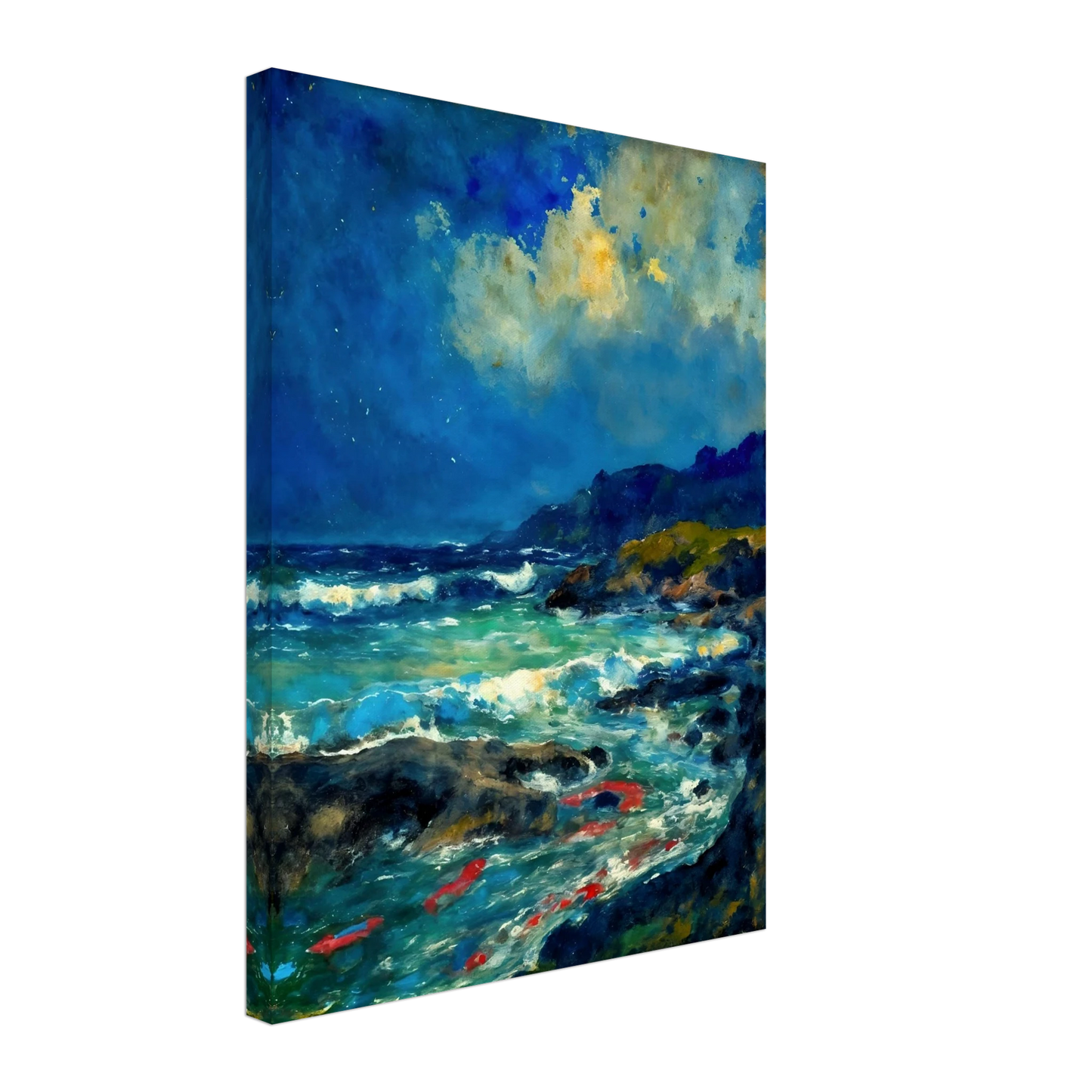 Turquoise waves rush through dark rocks below glowing clouds and distant coastal hills.