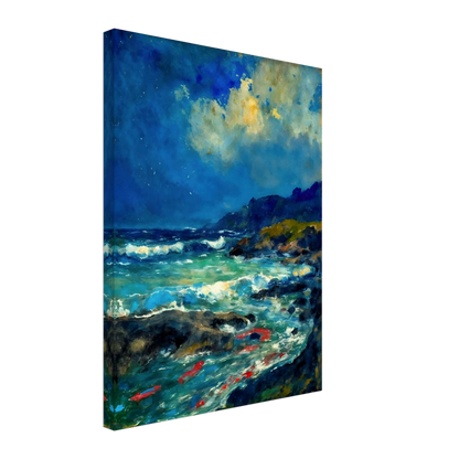 Turquoise waves rush through dark rocks below glowing clouds and distant coastal hills.