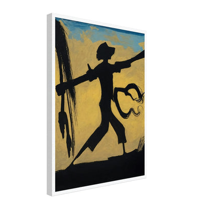 A dynamic silhouette of a warrior holding a spear against a warm, abstract background, capturing movement and strength.