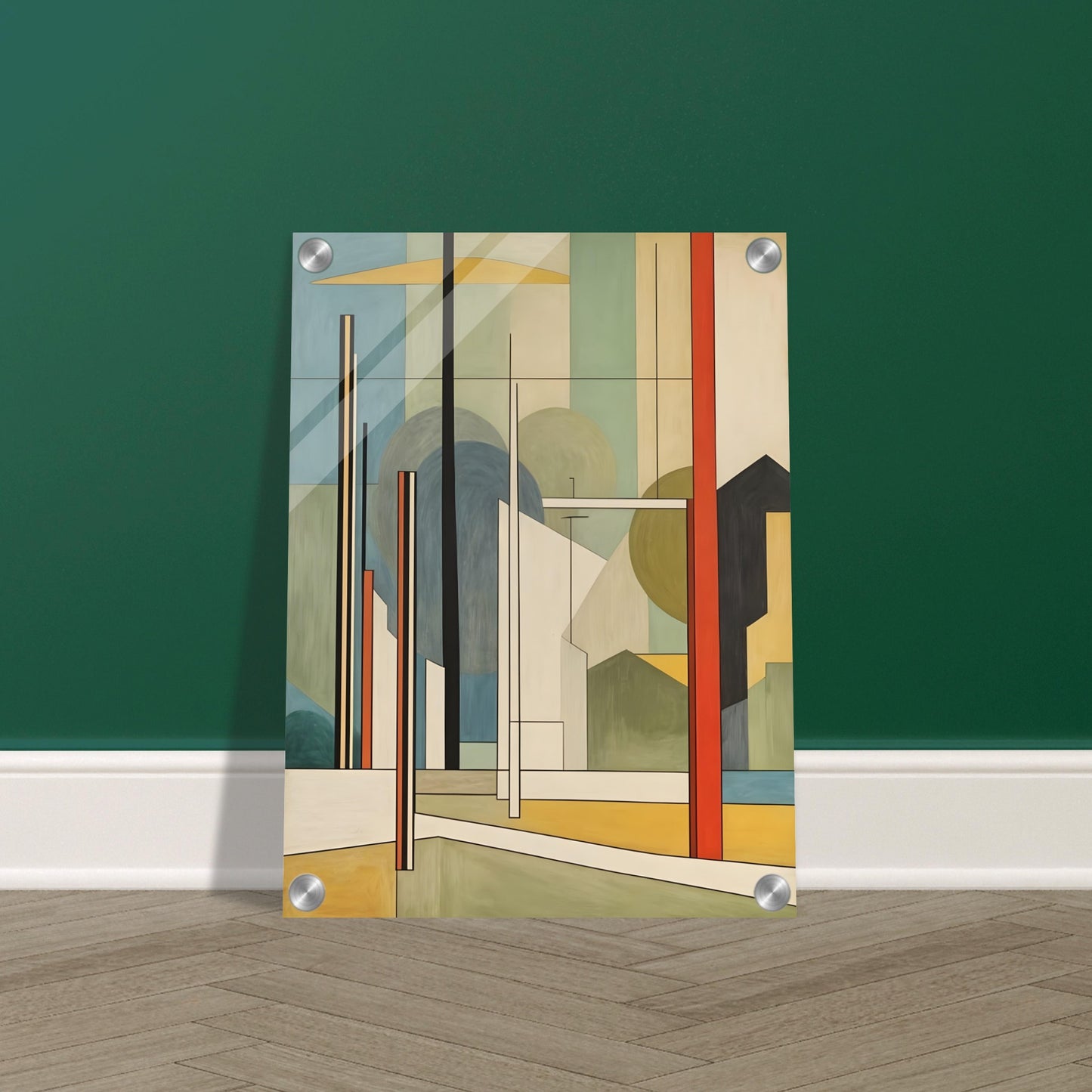 A geometric artwork featuring abstract buildings, trees, and poles with clean lines in earthy tones of green, yellow, red, and beige, creating a modern cityscape.