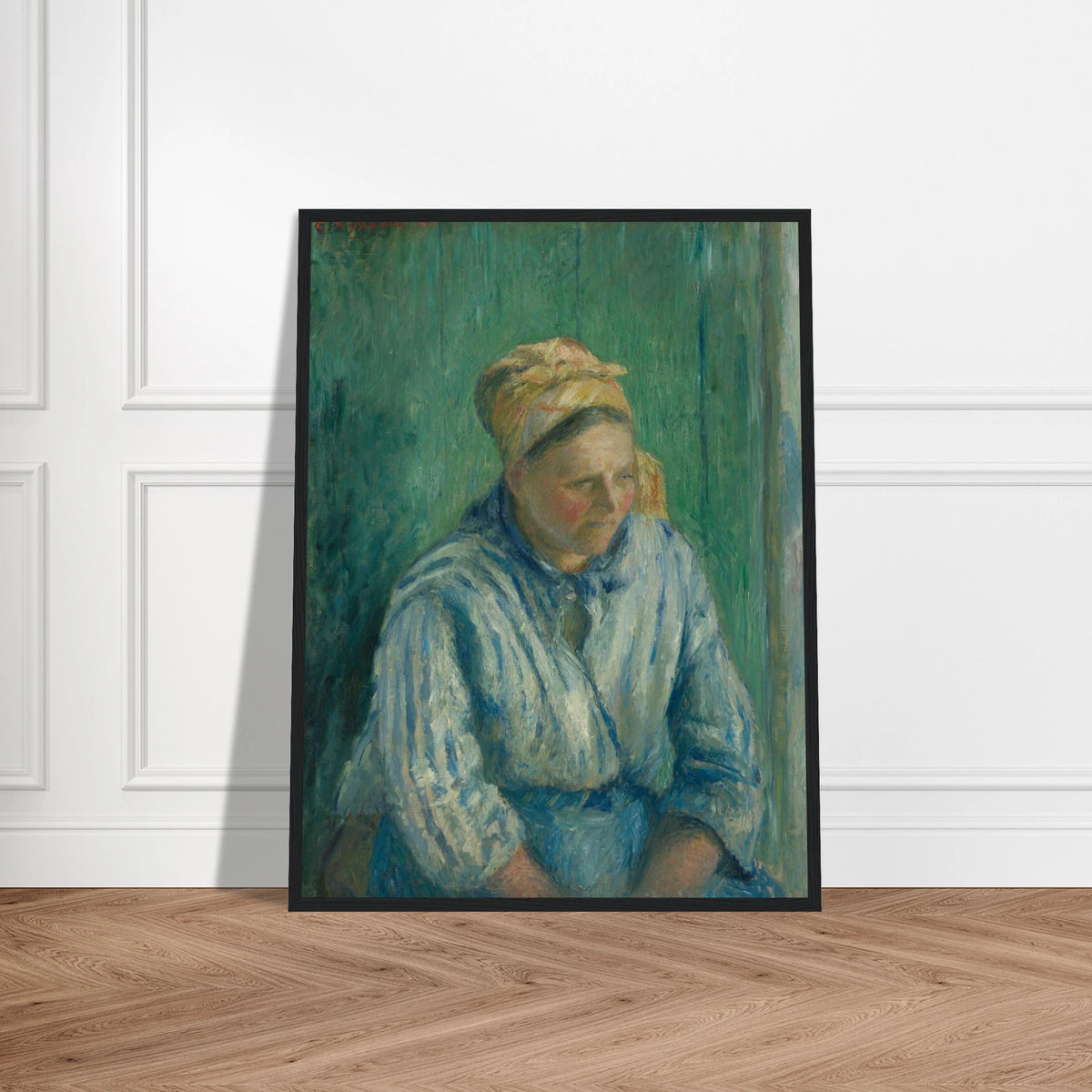 A seated washerwoman in a striped blue blouse and headscarf rests against a deep green background.