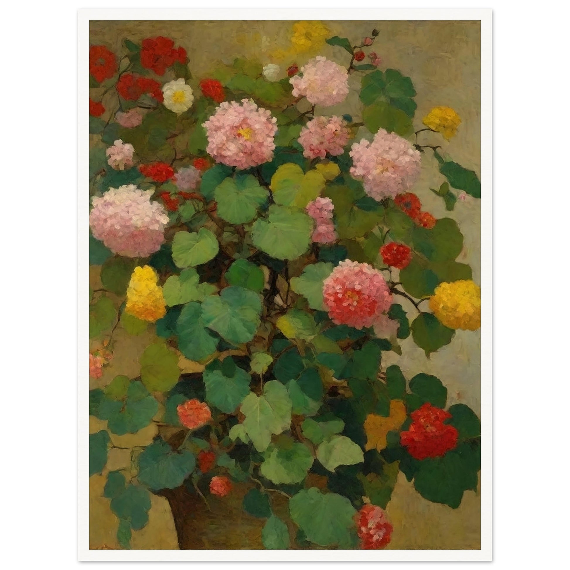 A lush painting featuring a variety of colorful flowers in full bloom, with green leaves in the background.