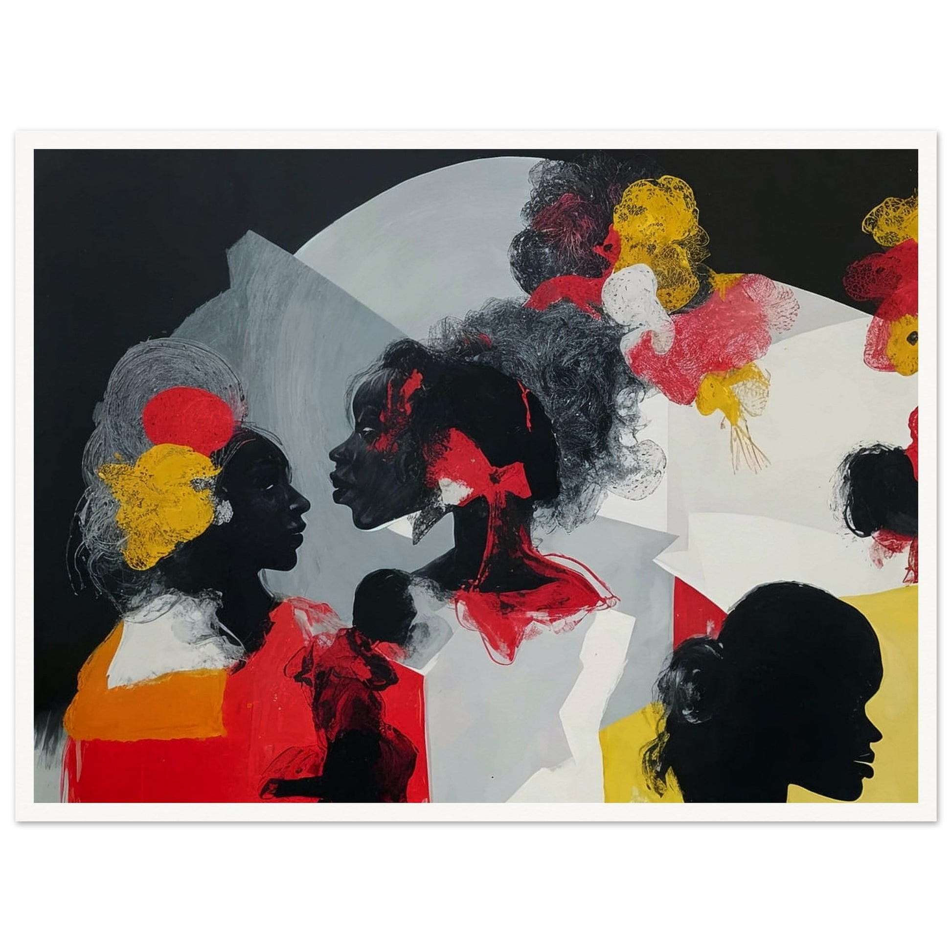 An expressive painting featuring silhouetted profiles of women with colorful abstract accents against a dark background.