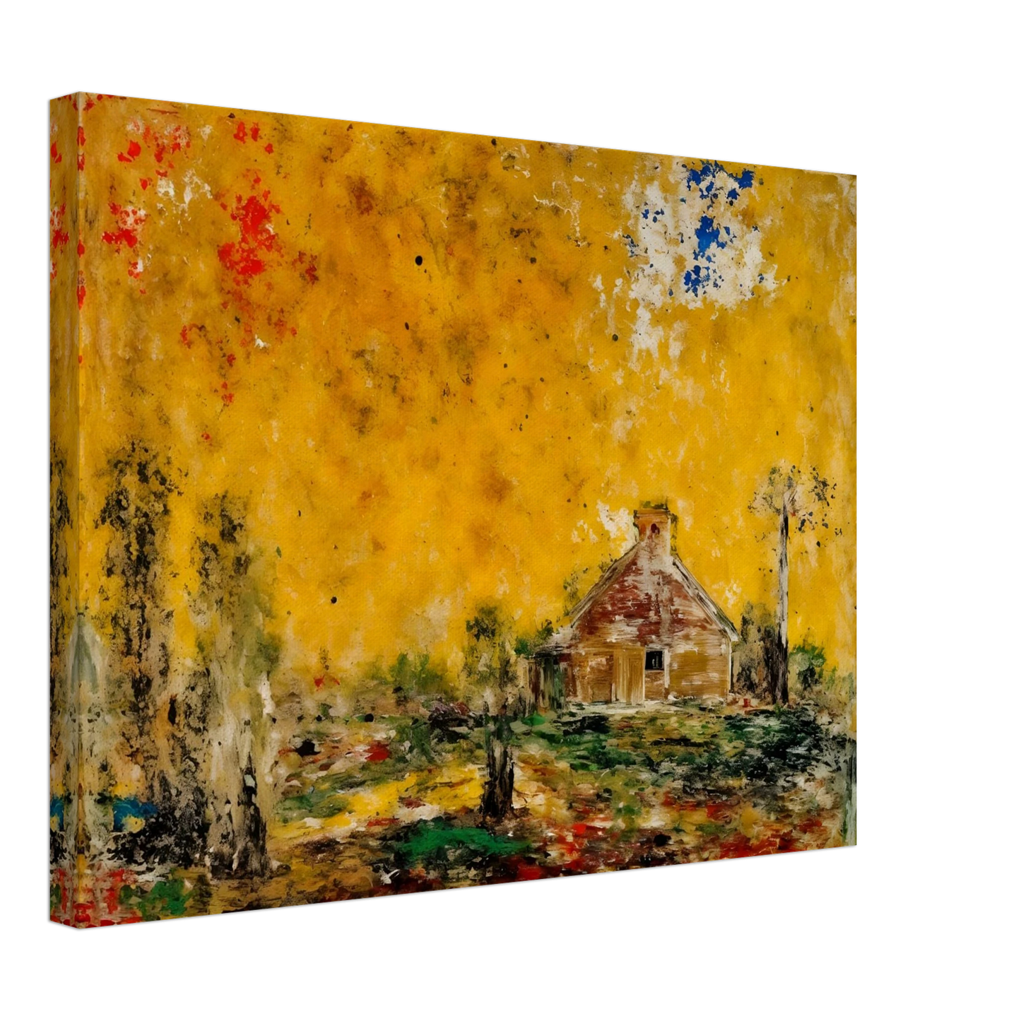 Rustic house rests beneath a golden sky with dark trees, green ground, and scattered red and blue marks.
