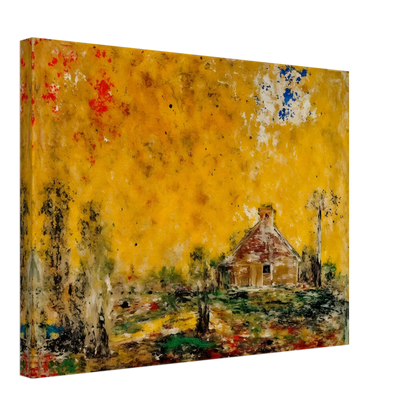 Rustic house rests beneath a golden sky with dark trees, green ground, and scattered red and blue marks.