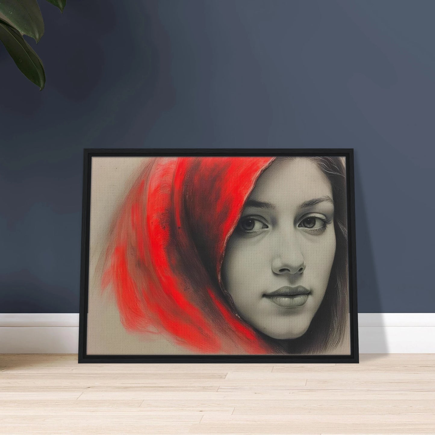 A soft portrait of a young woman draped in a vivid red hood, her calm gaze contrasting with the fiery energy surrounding her.