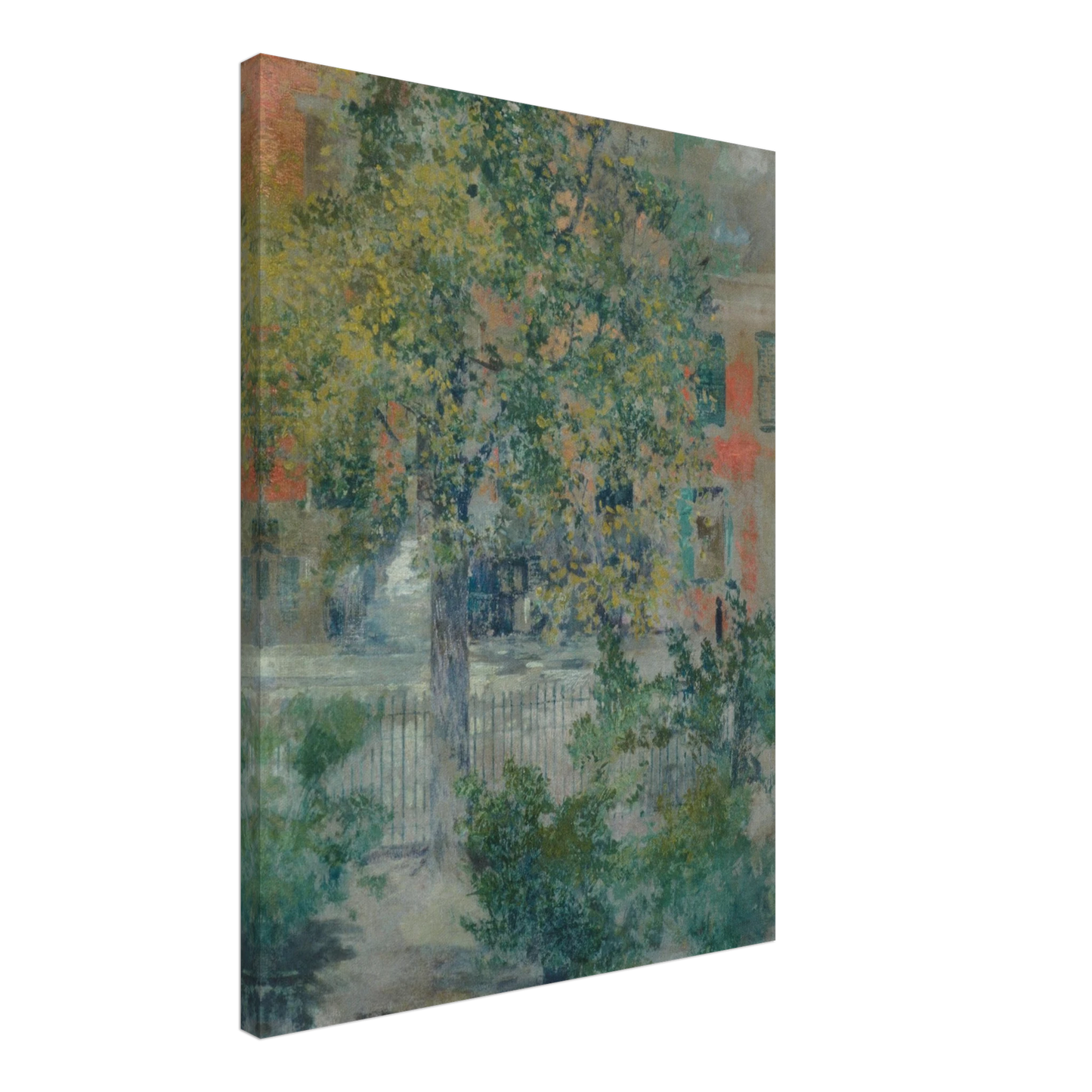 A leafy tree fills a quiet Grove Street view, with an iron fence and pastel buildings beyond.