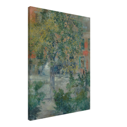 A leafy tree fills a quiet Grove Street view, with an iron fence and pastel buildings beyond.