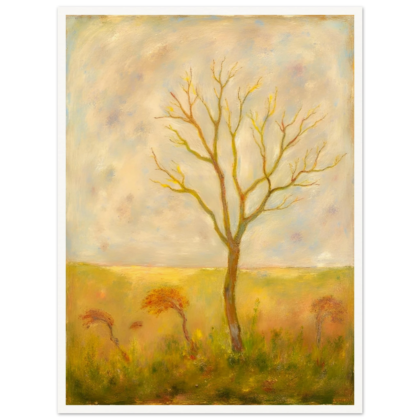 A lone tree stands tall in a golden meadow under a pale sky, its bare branches reaching gracefully toward the light.