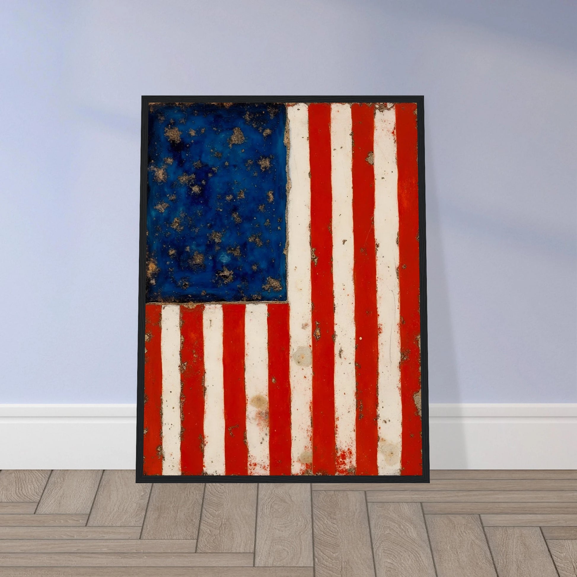 A timeworn American flag with faded stars and stripes, marked by age and texture that reflect enduring spirit.