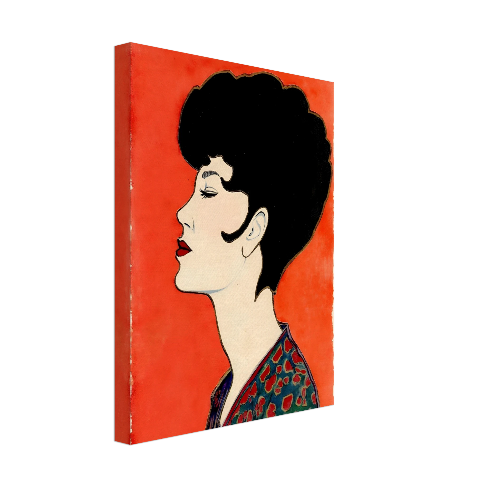 Elegant side-profile portrait of a woman with sculpted dark hair, vivid red lips, and patterned attire set against a radiant scarlet backdrop.