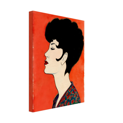 Elegant side-profile portrait of a woman with sculpted dark hair, vivid red lips, and patterned attire set against a radiant scarlet backdrop.