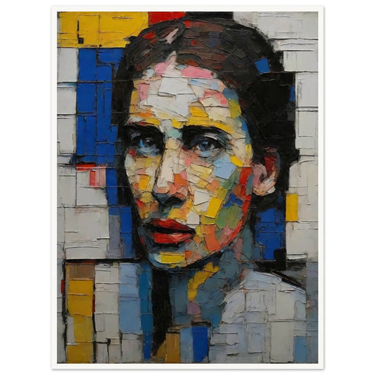 A striking mosaic-style portrait of a woman with vibrant, multi-colored geometric shapes creating a fragmented yet cohesive image.