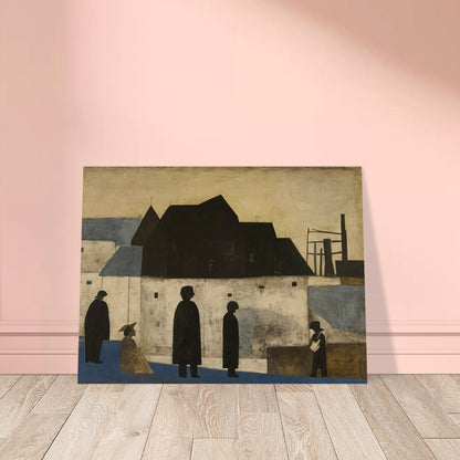 A painting of silhouetted figures in a townscape with dark buildings and industrial structures against a muted sky.