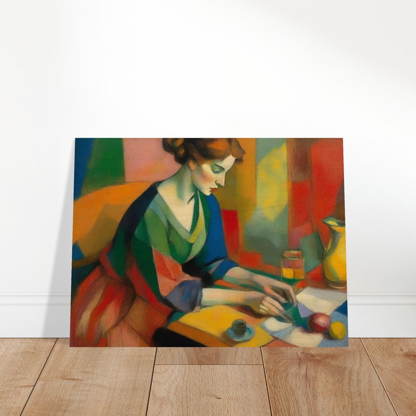 A vibrant painting depicting a woman in a colorful dress sitting at a table, engaged in writing or reading. The background features a mosaic of various hues, enhancing the vivid and dynamic atmosphere of the scene.