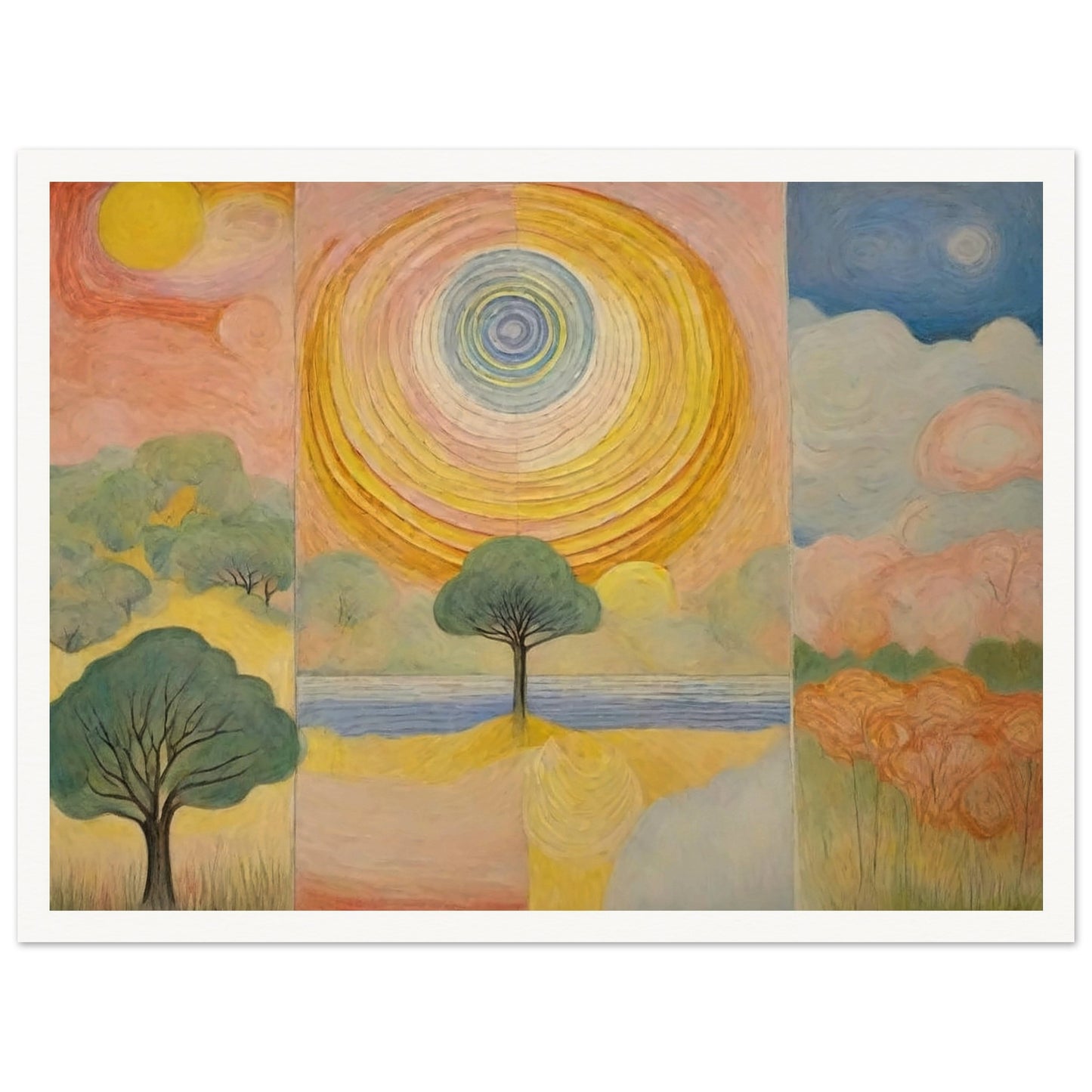 A vibrant painting featuring a large sun at the center, surrounded by abstract trees and colorful landscapes on either side.