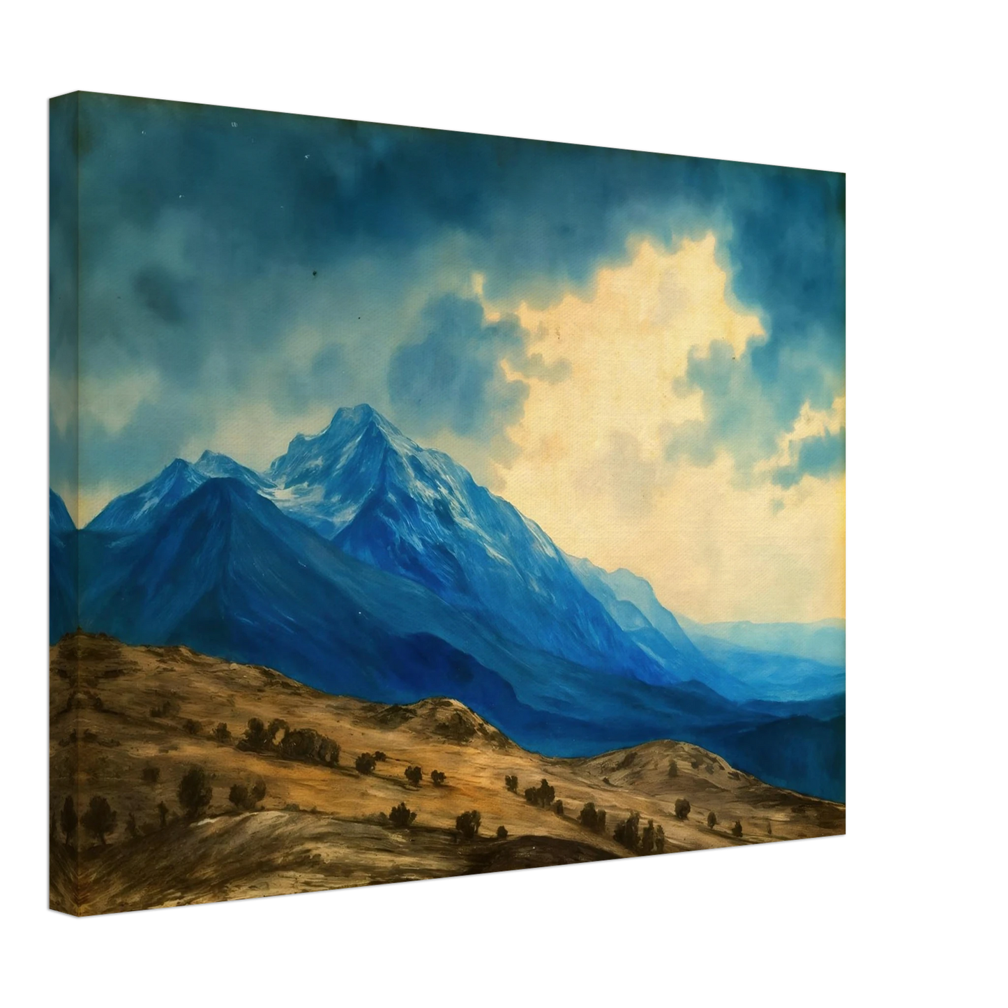 Majestic blue mountain peaks rise above golden rolling plains beneath luminous clouds, blending grandeur, distance, and tranquil wilderness.