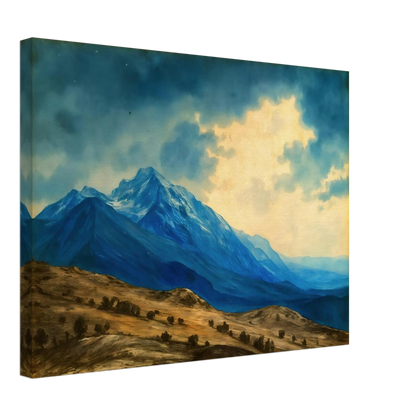 Majestic blue mountain peaks rise above golden rolling plains beneath luminous clouds, blending grandeur, distance, and tranquil wilderness.
