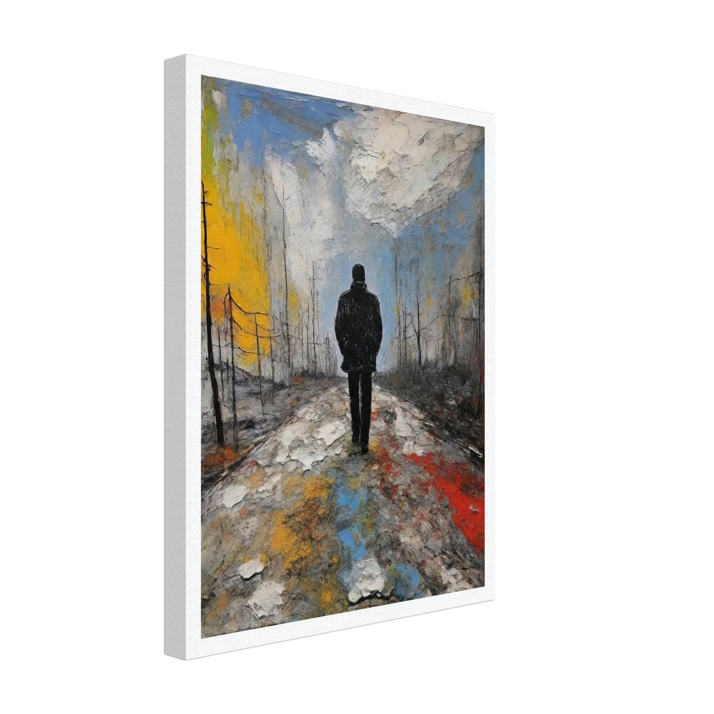 A lone figure in a dark coat walks along a desolate, colorful path under a cloudy sky, evoking a sense of solitude and reflection.