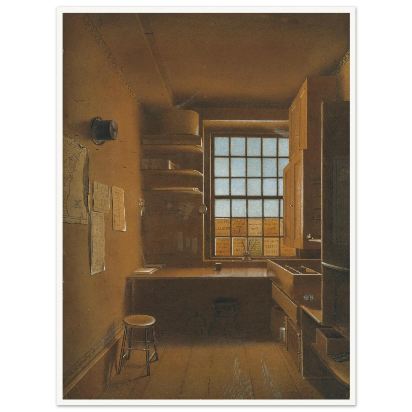 Quiet lottery office interior with wooden desk, stools, shelves, and a sunlit window