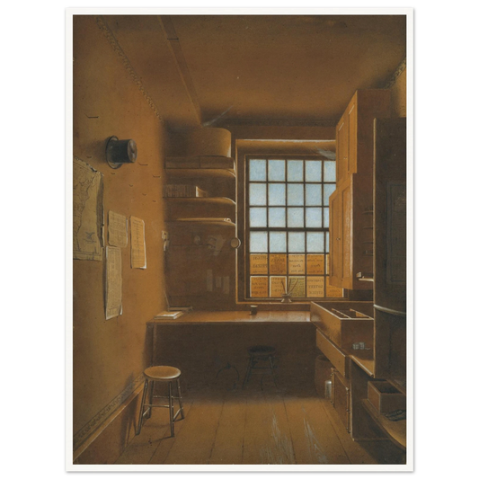 Quiet lottery office interior with wooden desk, stools, shelves, and a sunlit window