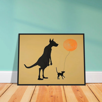 Two silhouetted dogs stand under a soft tan sky, one holding an orange balloon, capturing a playful moment of friendship.
