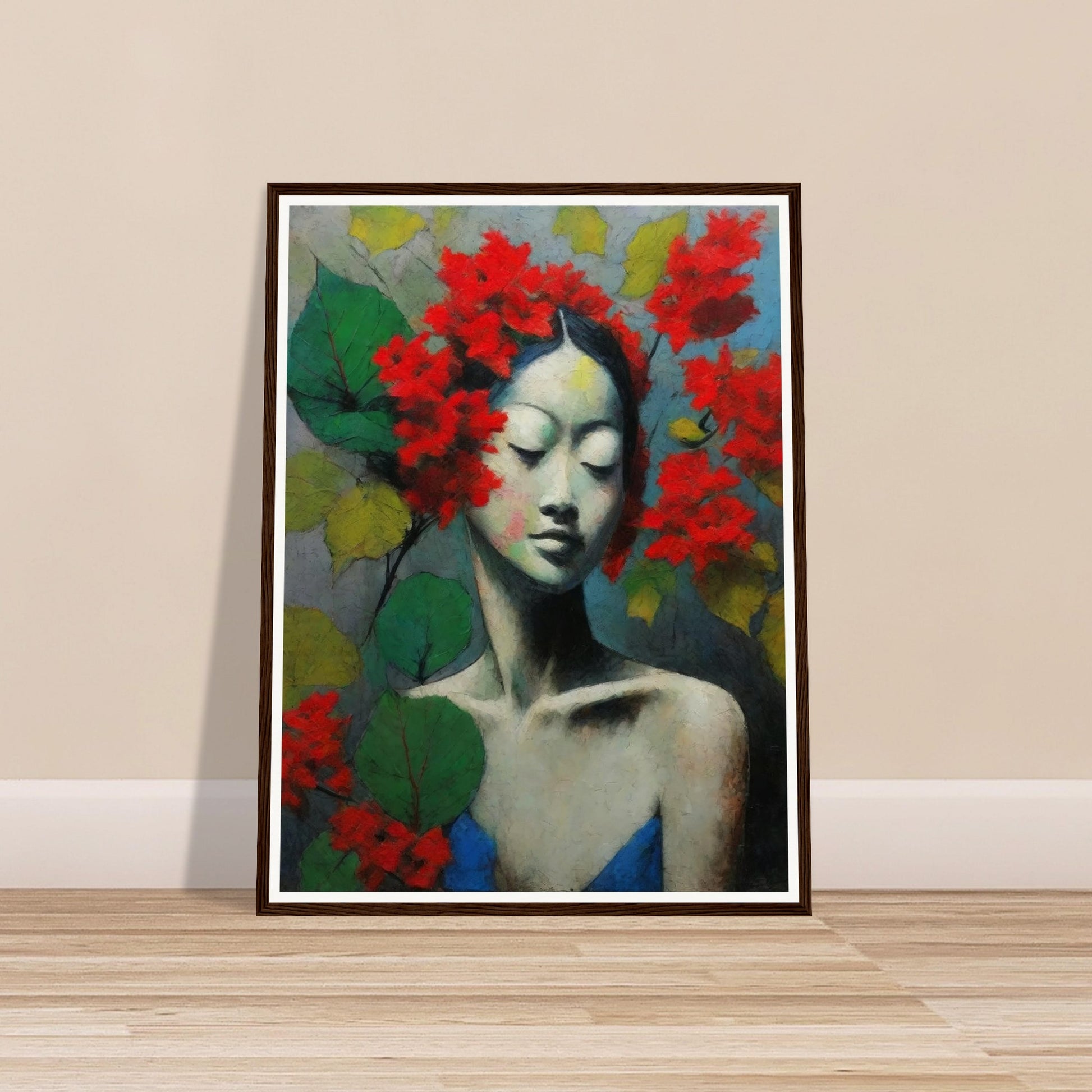 A serene portrait of a woman with her eyes closed, adorned with vibrant red flowers and green leaves, creating a peaceful and artistic composition.