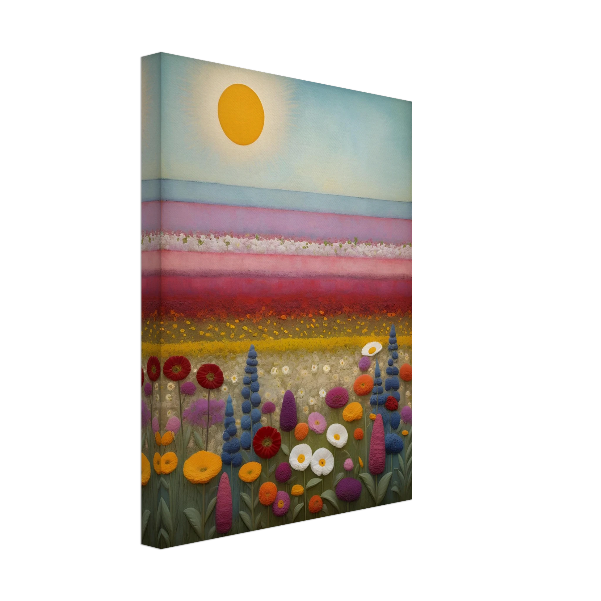 A vibrant field of multicolored flowers stretches under a golden sun, with pastel pink and purple layers blending into the horizon.