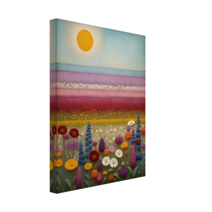 A vibrant field of multicolored flowers stretches under a golden sun, with pastel pink and purple layers blending into the horizon.