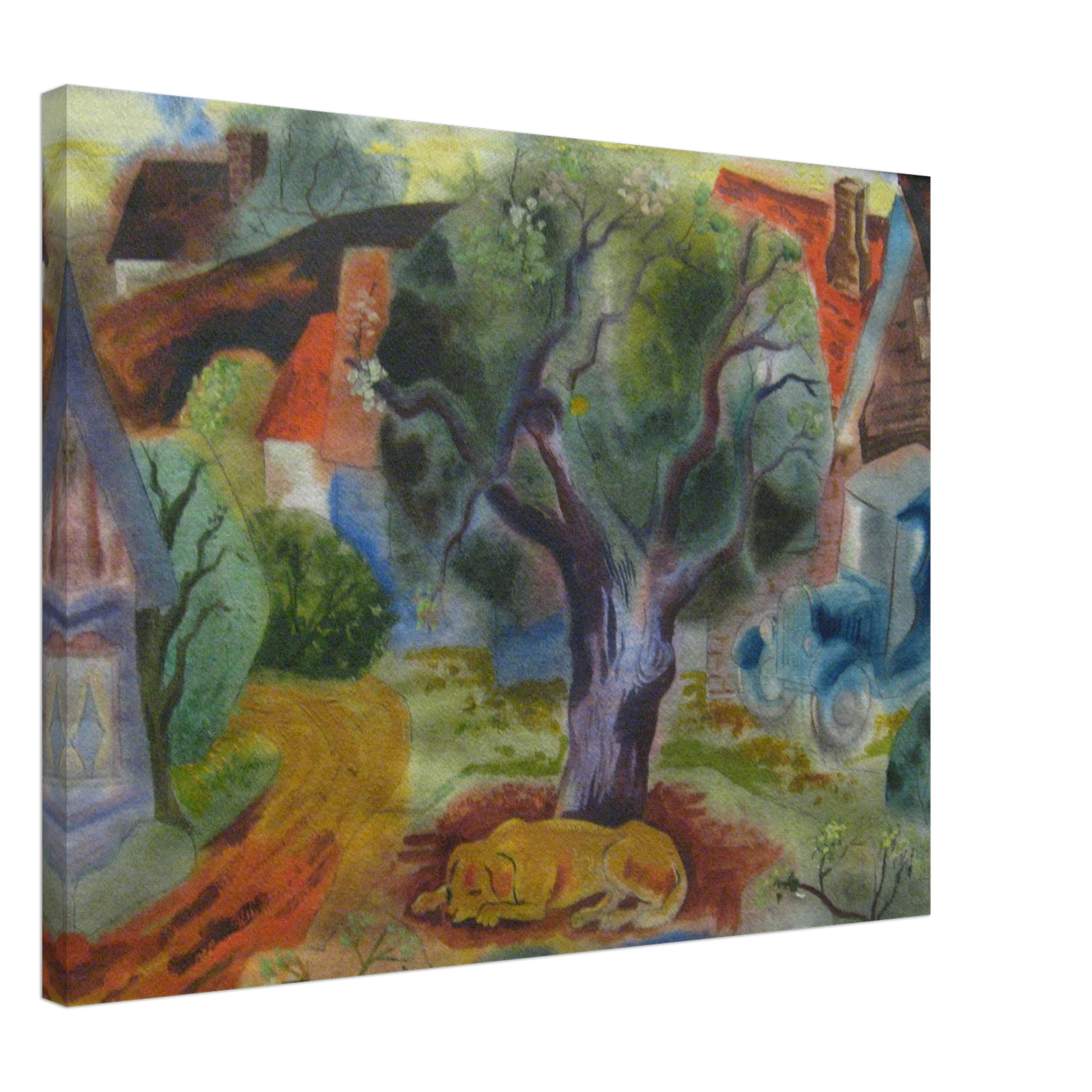A yellow dog sleeps beneath a twisting tree beside village houses, a winding road, and a blue vintage car.