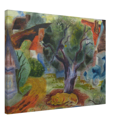 A yellow dog sleeps beneath a twisting tree beside village houses, a winding road, and a blue vintage car.
