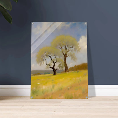 Two softly curved trees rise from a sunlit yellow-green field under a partly cloudy blue sky, evoking peace and resilience.