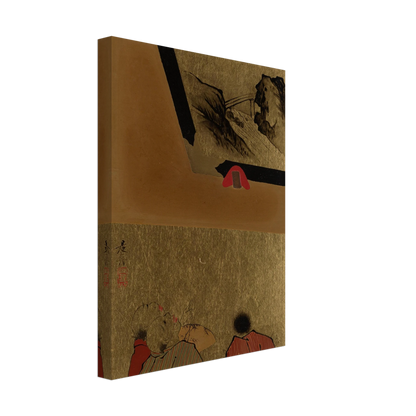 Three men view a framed lacquer drawing on gold paper in a Japanese album leaf