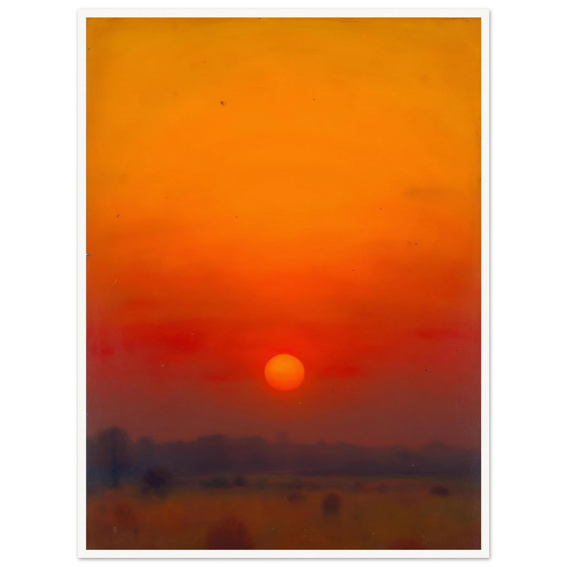 A golden-orange sunset over a hazy horizon, with the sun glowing in a vivid red and amber sky.