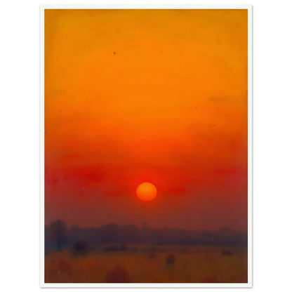 A golden-orange sunset over a hazy horizon, with the sun glowing in a vivid red and amber sky.