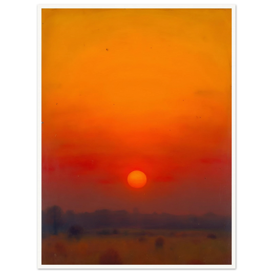 A golden-orange sunset over a hazy horizon, with the sun glowing in a vivid red and amber sky.