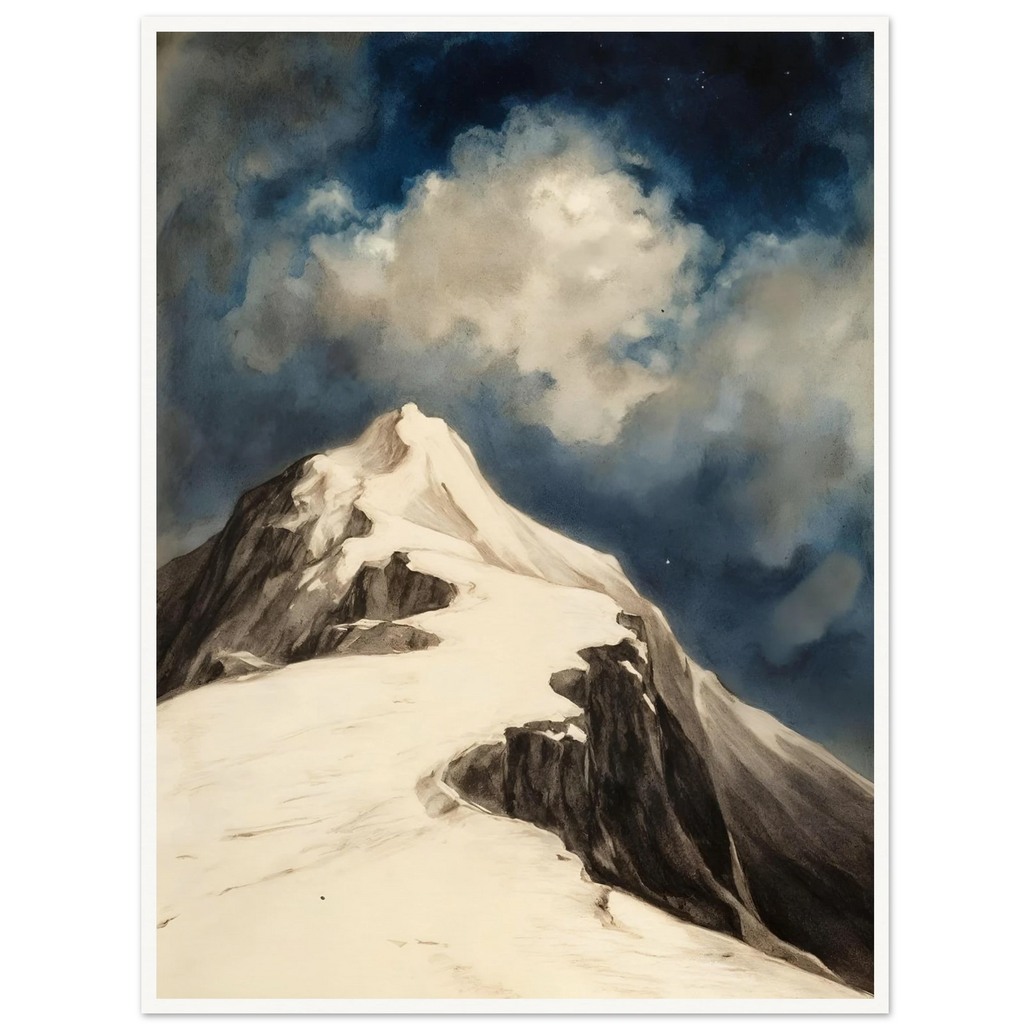 A snow-covered mountain peak rises beneath luminous clouds and a deep midnight sky, capturing solitude and awe.