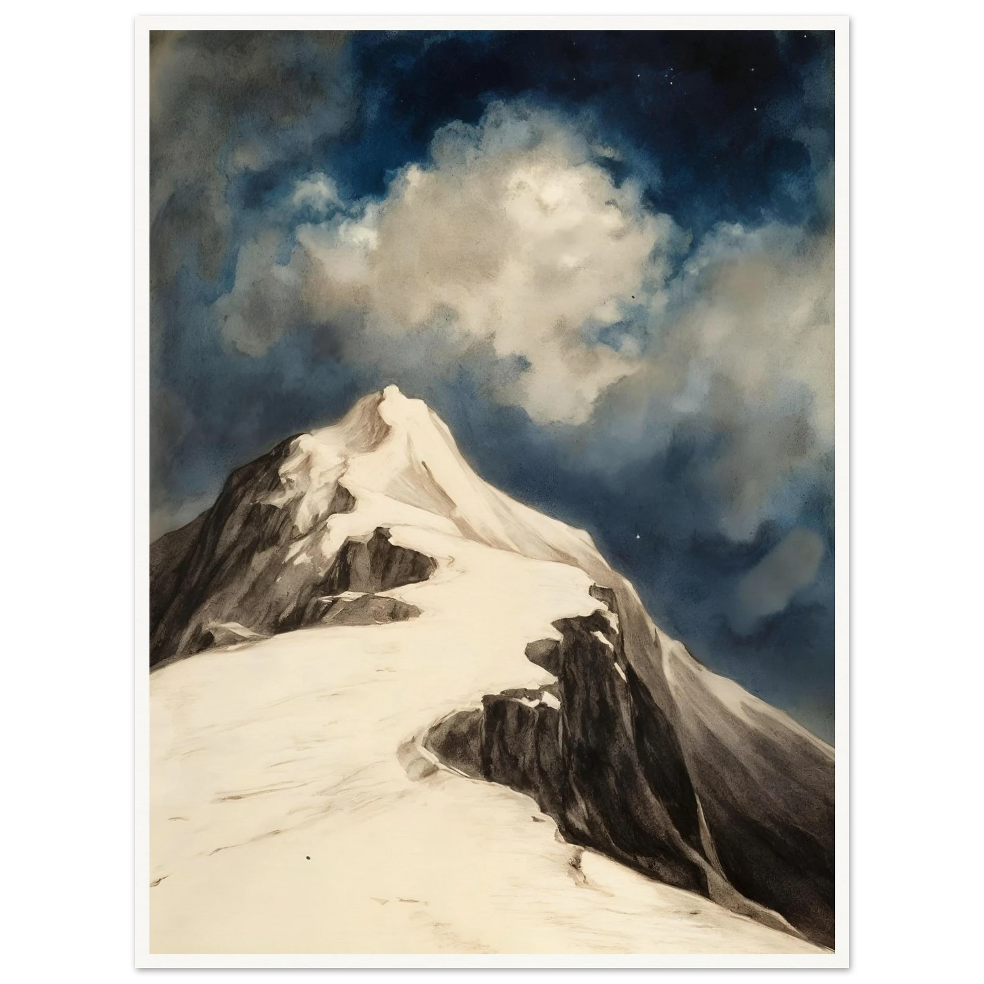 A snow-covered mountain peak rises beneath luminous clouds and a deep midnight sky, capturing solitude and awe.