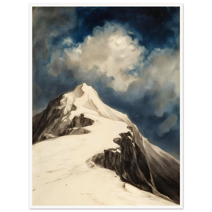 A snow-covered mountain peak rises beneath luminous clouds and a deep midnight sky, capturing solitude and awe.