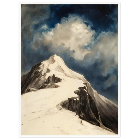 A snow-covered mountain peak rises beneath luminous clouds and a deep midnight sky, capturing solitude and awe.