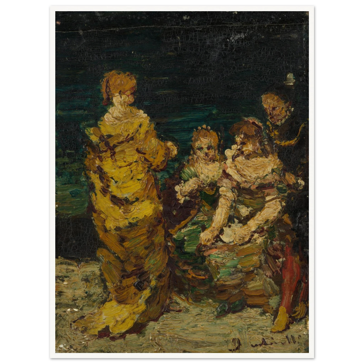Four figures in rich period dress gather against a dark background with thick expressive brushwork.
