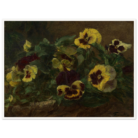 Yellow and purple pansies arranged in a low basket against a dark brown background