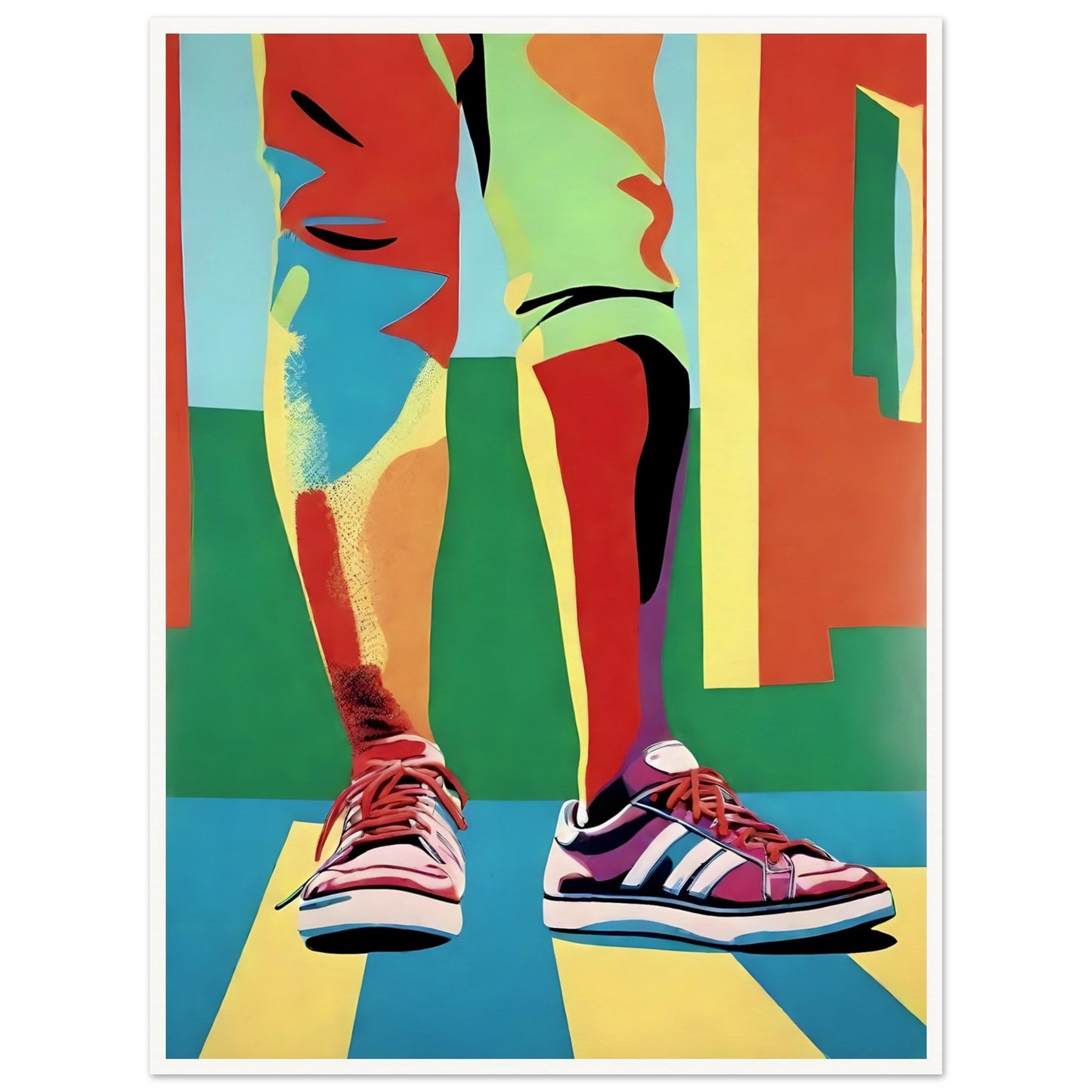 A vibrant painting of legs in colorful pants and bright sneakers, with bold geometric shapes and a playful, modern aesthetic.