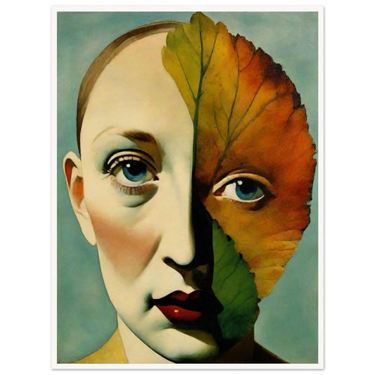 A surreal portrait of a woman's face, half-covered by a vibrant autumn leaf, blending human features with nature's beauty and warm tones.