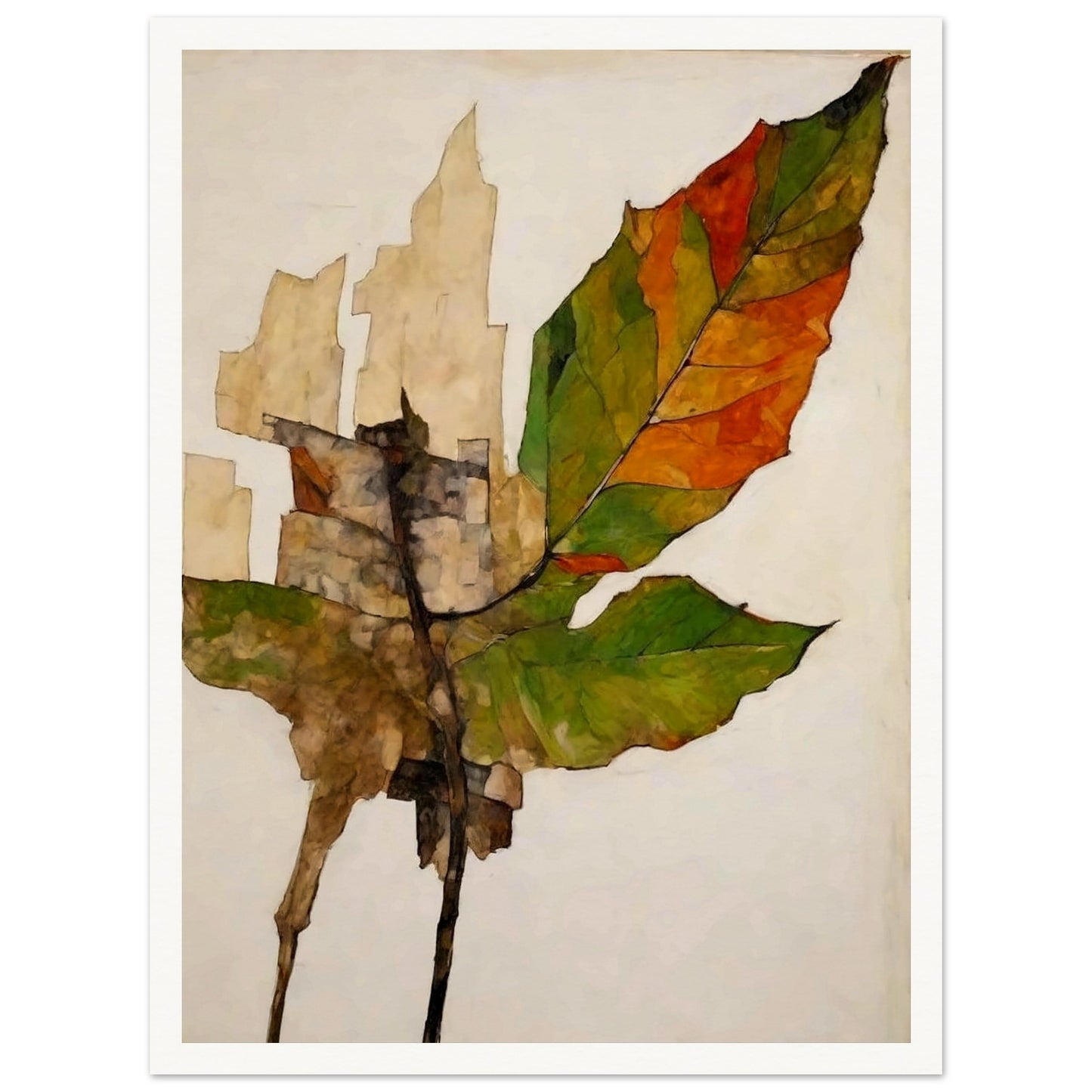 A detailed depiction of a leaf transitioning from green to brown and orange, showing the effects of aging and decay, set against a soft neutral background.