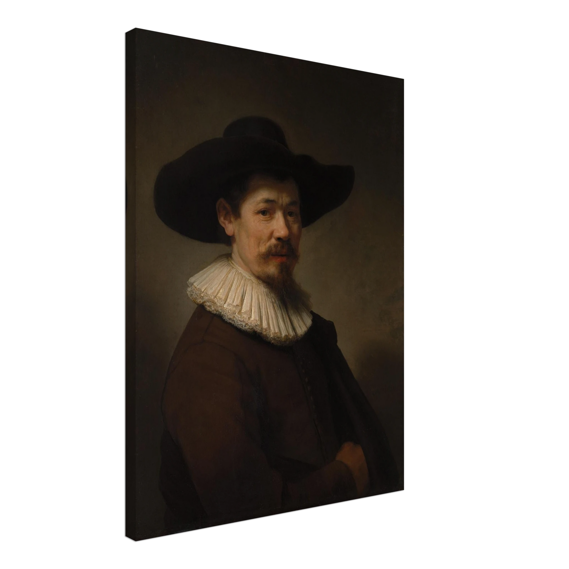 Portrait of Herman Doomer in a black hat, white ruff, and dark coat against a shadowed background