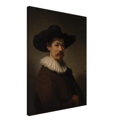 Portrait of Herman Doomer in a black hat, white ruff, and dark coat against a shadowed background