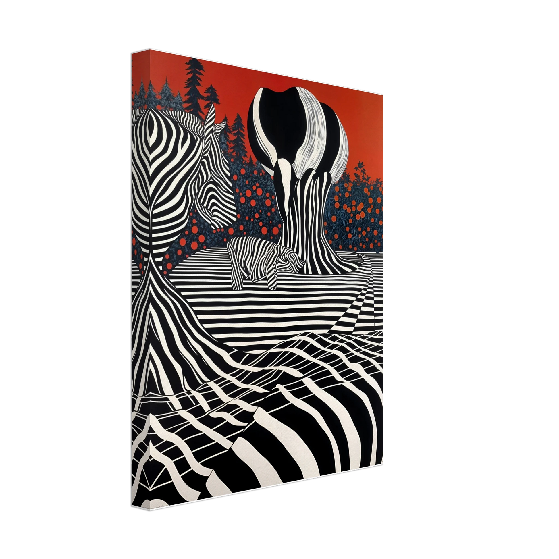 Stylized zebras and trees blend into black-and-white stripes against a deep red sky, merging nature with bold graphic art.