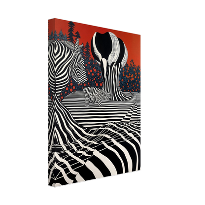 Stylized zebras and trees blend into black-and-white stripes against a deep red sky, merging nature with bold graphic art.