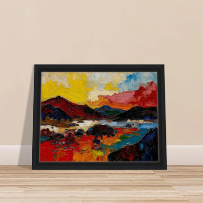 Bold red hills and blue water sit beneath a golden sky in a richly textured landscape.